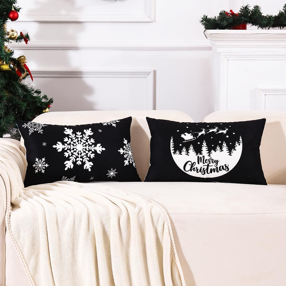 JOJOGOGO Juego de 4 fundas de almohada lumbar de Navidad en blanco y negro de 12 x 20 pulgadas, decoración de Navidad negra, copo de nieve, árbol de