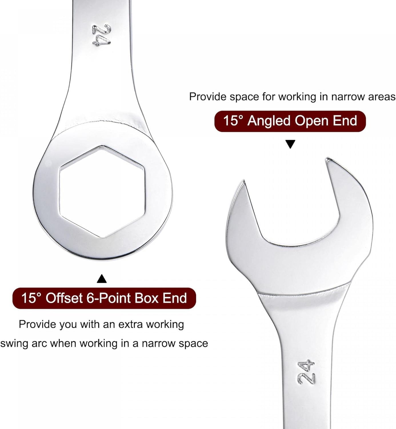 uxcell Llave combinada fina con extremo de 6 puntos desplazados y extremo abierto en ángulo, espejo métrico, acero de alto carbono chapado en cromo,