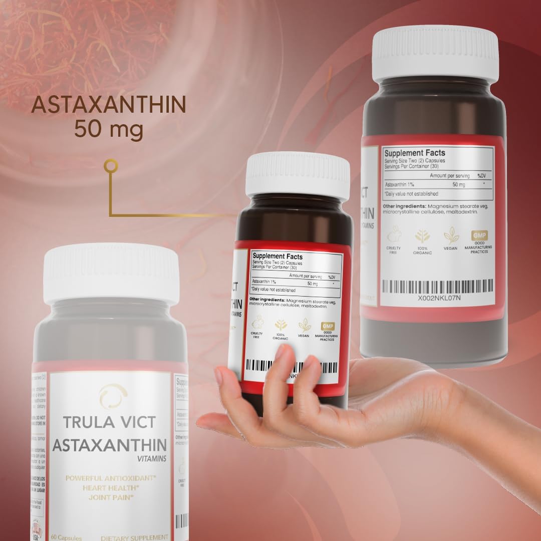 Cápsula de astaxantina, 50 mg 60 píldoras. Antioxidante premium – Suplemento de nutrición deportiva e inmunidad – Apoya la salud ocular, articular y