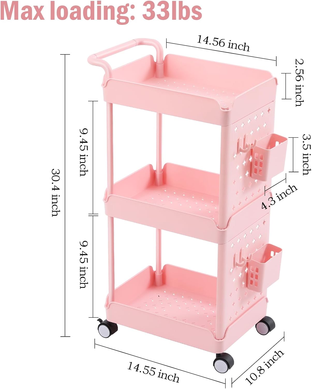 TOOLF Carrito de almacenamiento rodante de 3 niveles, carrito de utilidad con ruedas con cubos y ganchos colgantes de tablero perforado, carrito de