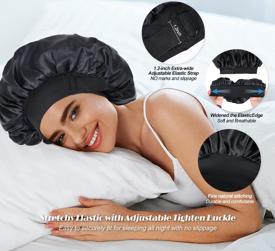Gorro de seda para dormir de doble capa de satén ajustable para mujeres negras, gorro de dormir reversible para cabello rizado (negro)