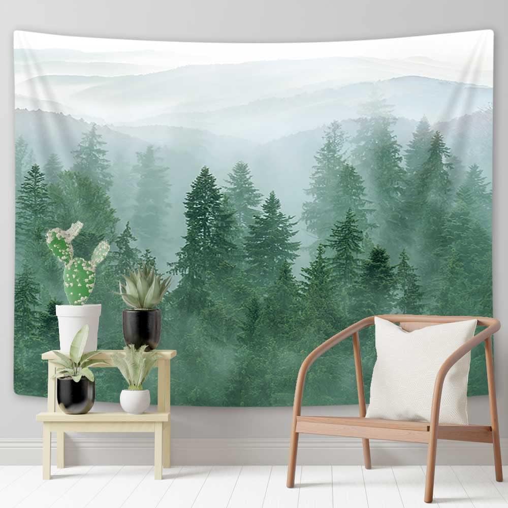 Boziqr Tapiz de bosque verde con árbol brumoso de montaña, tapiz de pared para sala de estar, dormitorio, 60 x 40 pulgadas