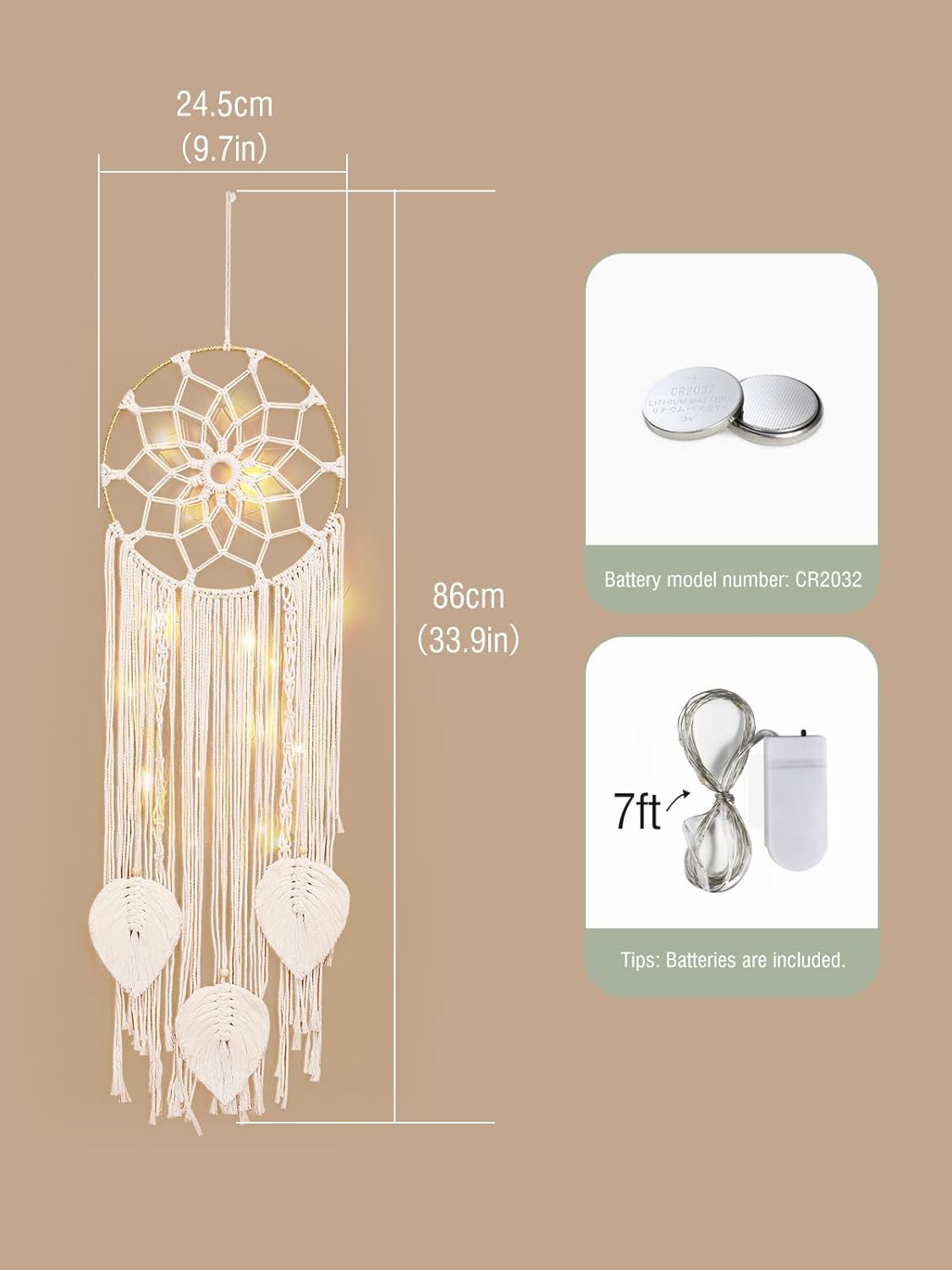 Shinowa Atrapasueños, macramé de algodón para colgar en la pared, atrapasueños con luces de hadas, atrapasueños bohemio para dormitorio de adultos,