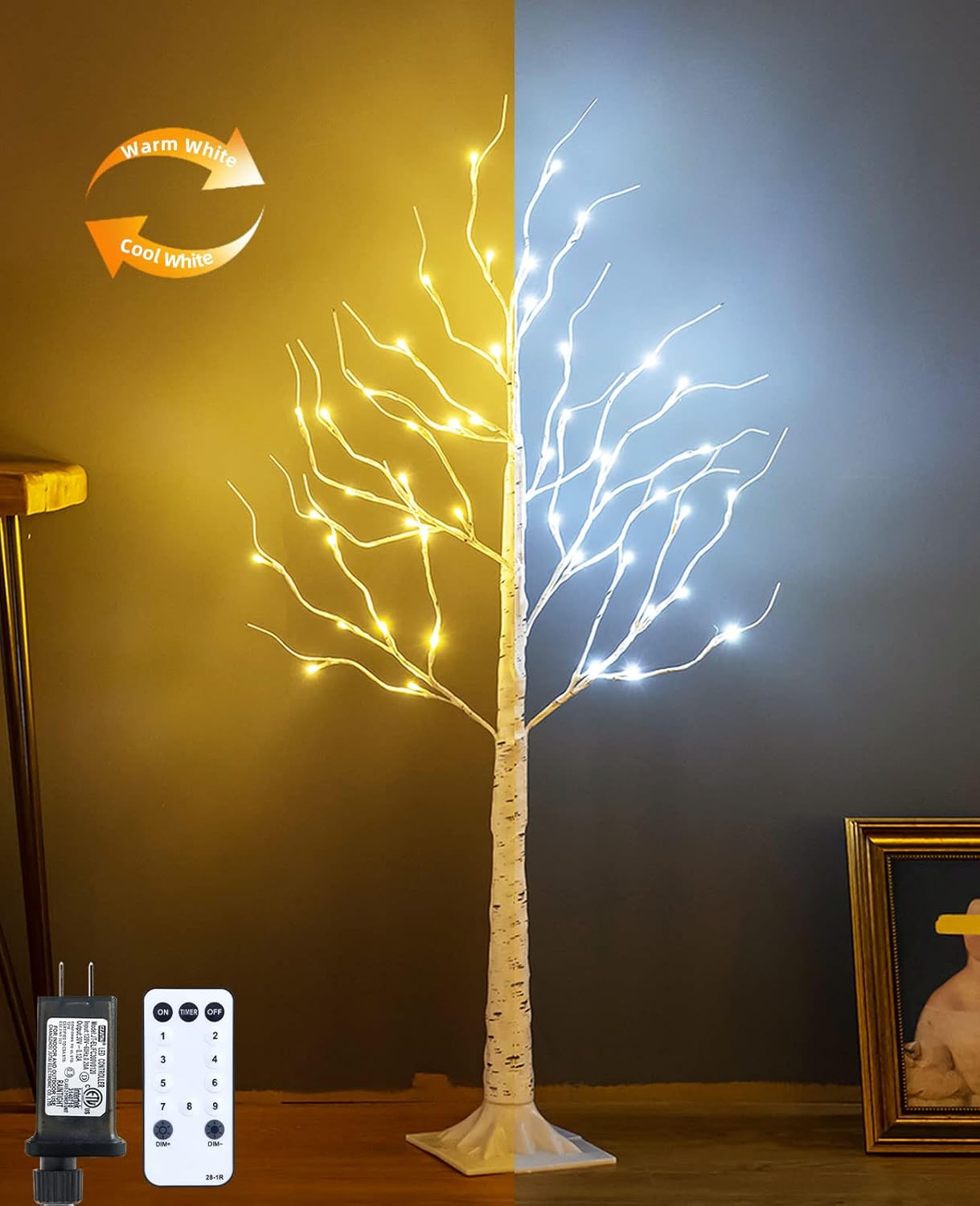 Árbol de abedul iluminado, 48 luces LED de abedul para interiores y exteriores, luz de árbol de ramita artificial de 9 modos, temporizador para