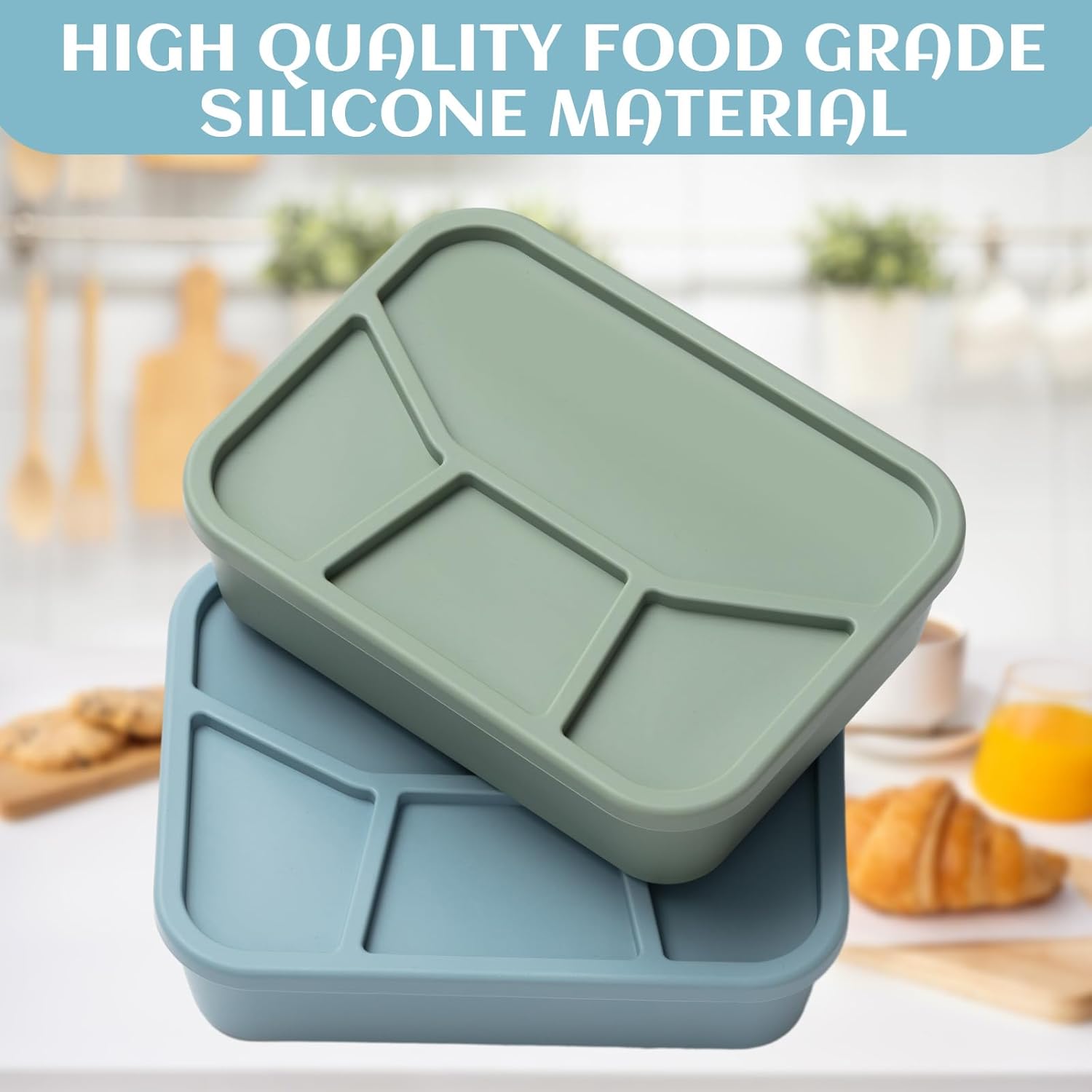 Lonchera Bento de silicona, 2 unidades, a prueba de fugas, con 4 compartimentos, caja de almuerzo rectangular de silicona, 2 colores