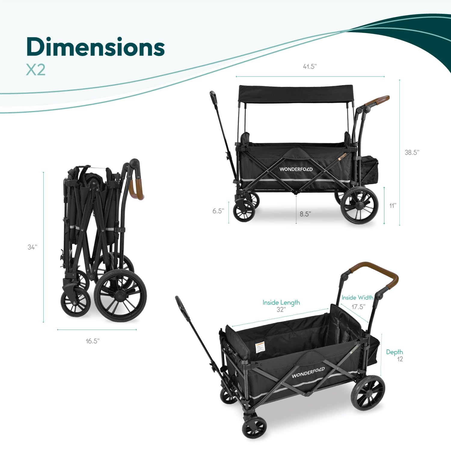 WONDERFOLD X2 – Cochecito doble de empuje y tracción (2 plazas) con arneses de 5 puntos, mango de empuje ajustable, mango telescópico y toldo