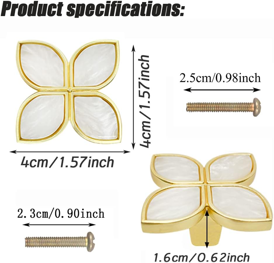 6 pomos de pétalos dorados para gabinetes de cómodas, pomos decorativos de trébol de cuatro hojas, manija para cajones de puertas y armarios,