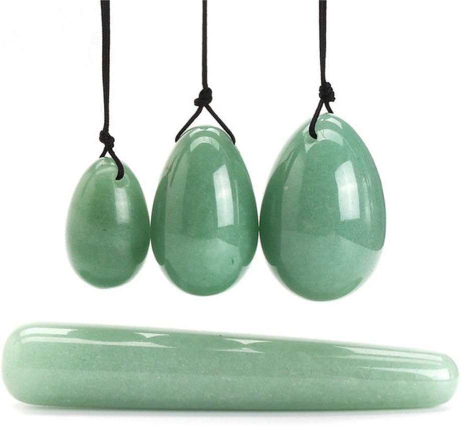 AITELEI Juego de 4 huevos de jade Yoni, 3 piezas perforados de cristal de cuarzo de aventurina verde natural, piedra de masaje + 1 palo de masaje