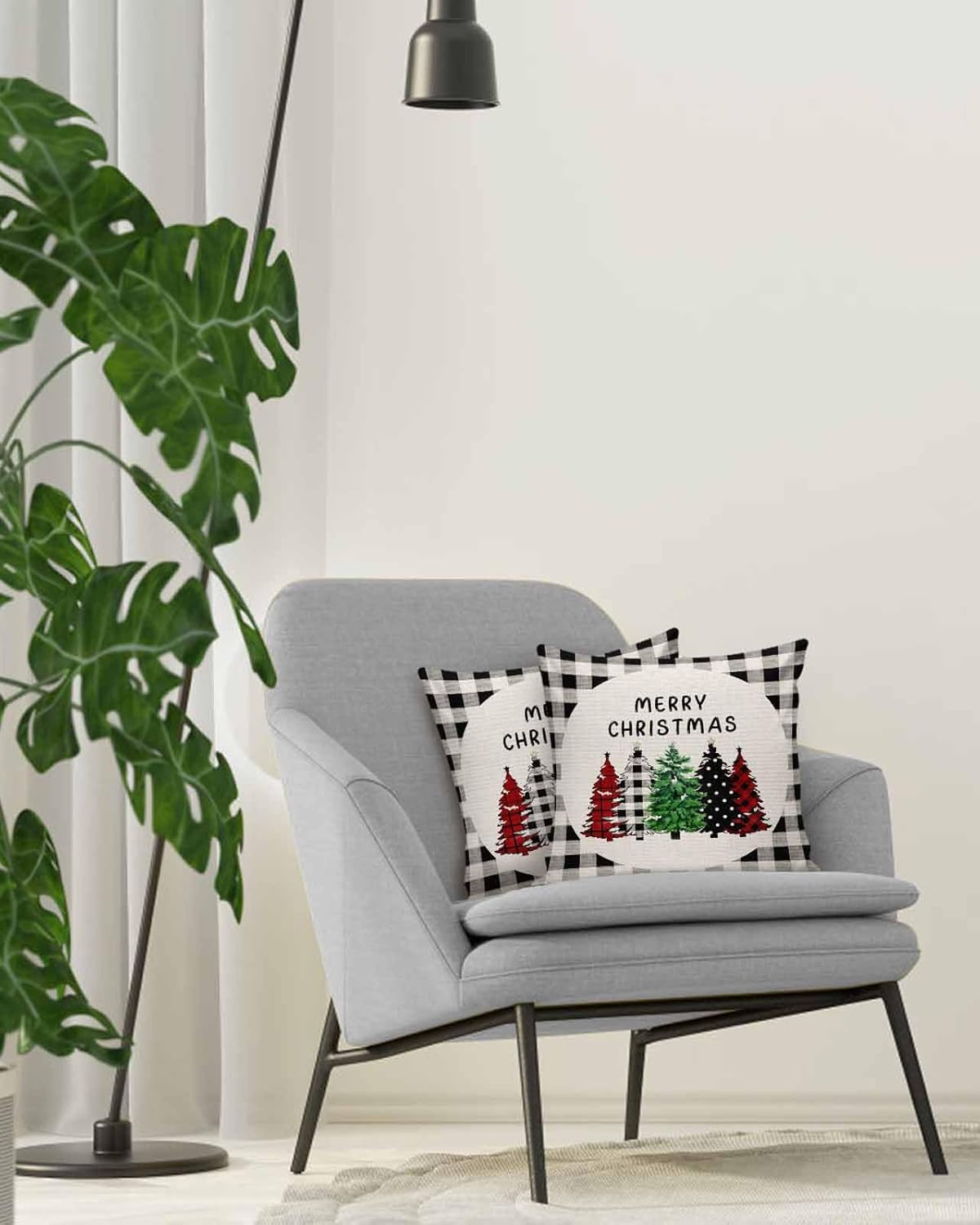 Juego de 2 fundas de almohada de Navidad de 18 x 18 pulgadas, fundas de cojín suaves de color blanco y negro, a cuadros, para sofá, dormitorio,