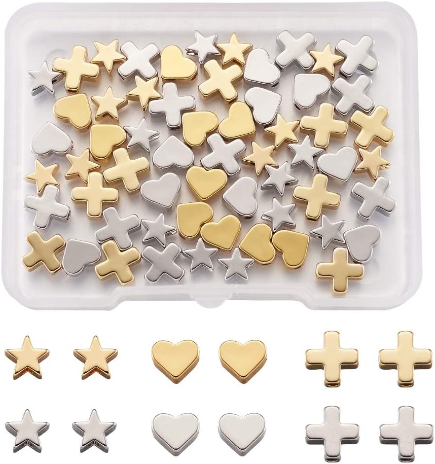 Craftdady 60 cuentas espaciadoras de estrella de crucifijo de 3 estilos, cruz y corazón, platino, oro, diminutas cuentas de latón sueltas para hacer