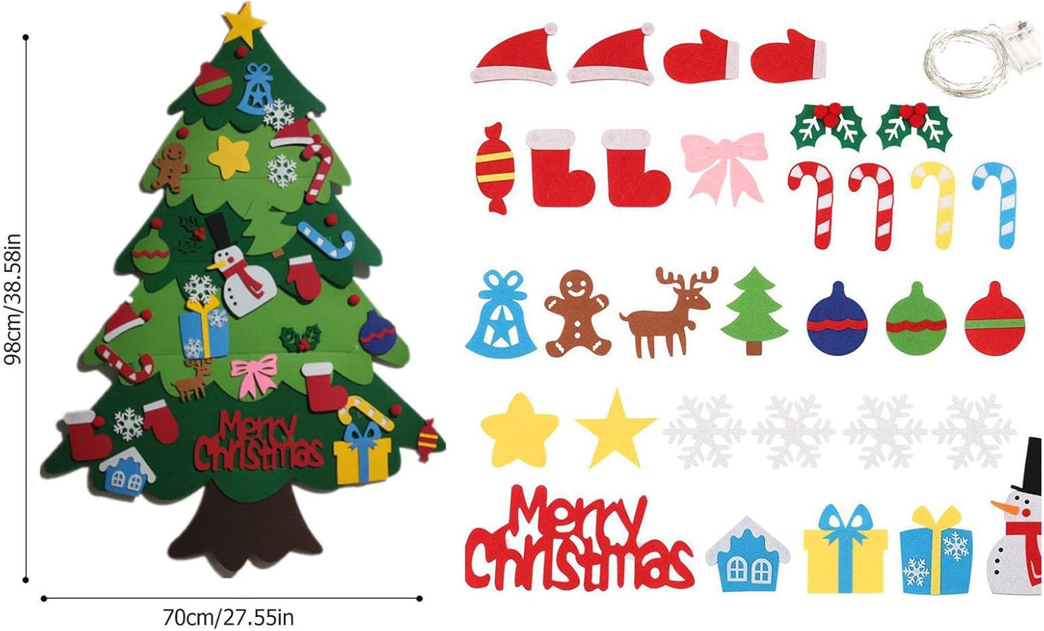 Juego de árbol de Navidad de fieltro para bricolaje, 32 piezas de adornos para colgar en la pared con luz LED, se puede reutilizar el árbol de