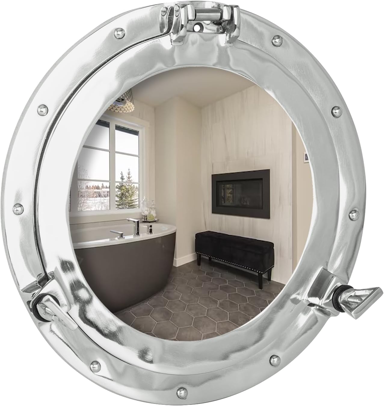 inanosa Espejo de ojo de buey  Acabado blanco níquel plateado de 12 pulgadas  Decoración náutica de pared para baño y dormitorio  Decoración antigua