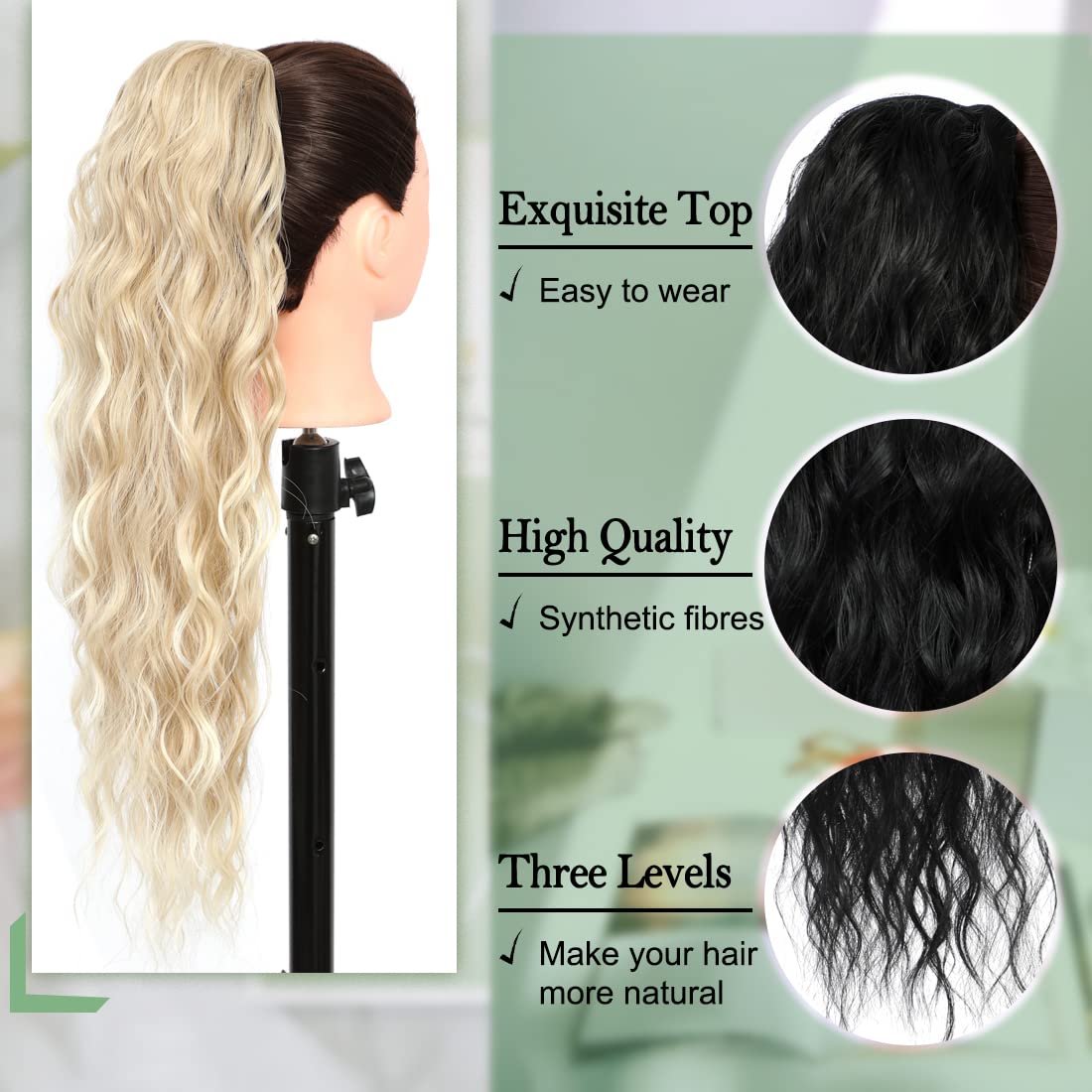 Miuric Extensión de cola de caballo de 24 pulgadas, rubio claro y rubio dorado, extensiones de cabello con cordón para mujer, cola de caballo larga,