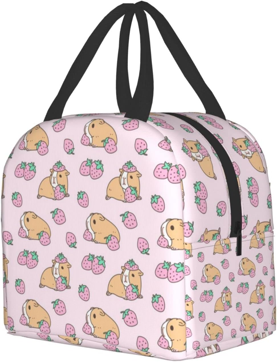 Caja de almuerzo con diseño de conejillo de indias rosa y fresa Bento bolsa de viaje picnic cajas de asas aisladas contenedor duradero bolsa de