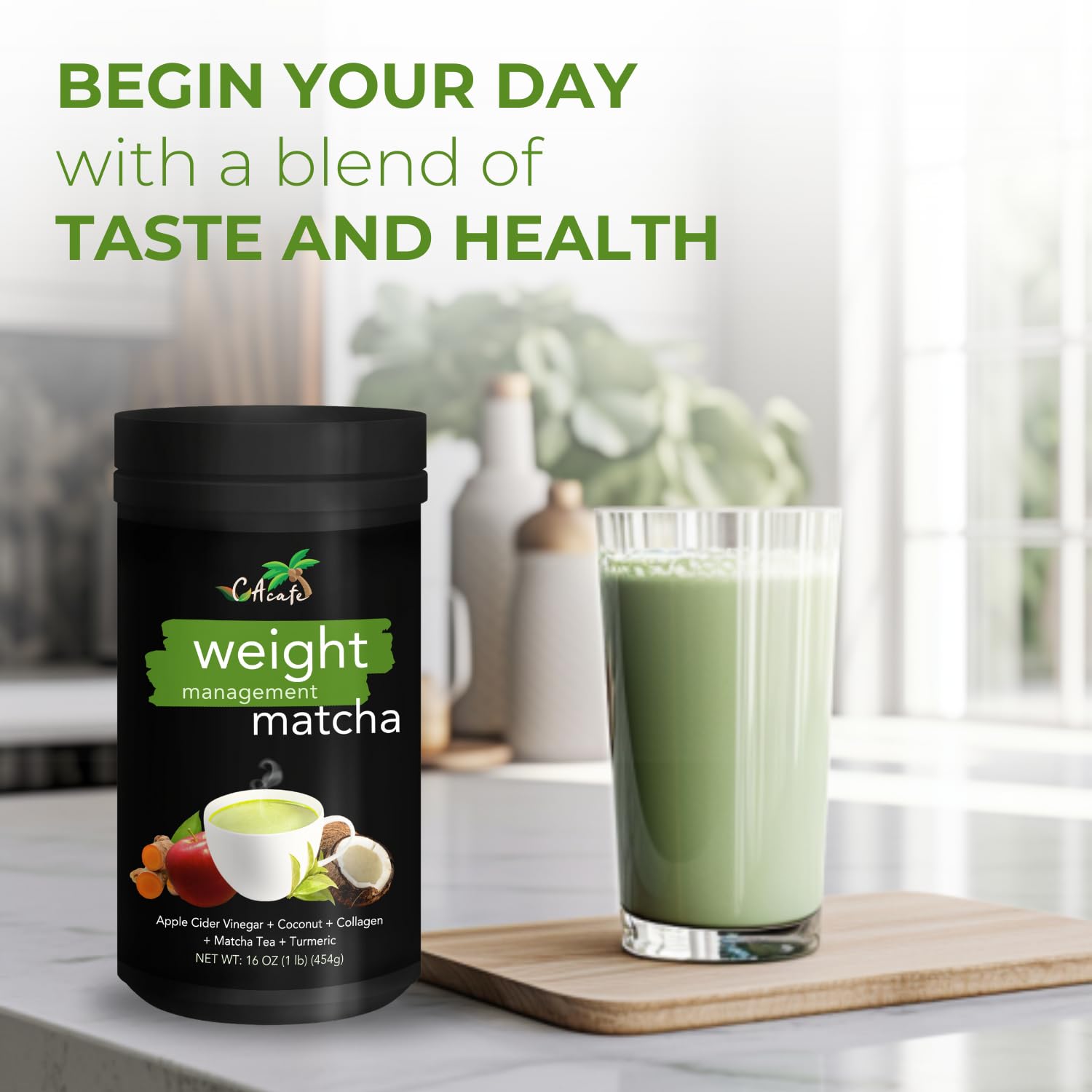 CAcafe Té matcha de cúrcuma con vinagre de sidra de manzana, 0.03 oz de azúcar añadido, 0.23 onzas de proteína, mezcla de superalimentos de ACV,