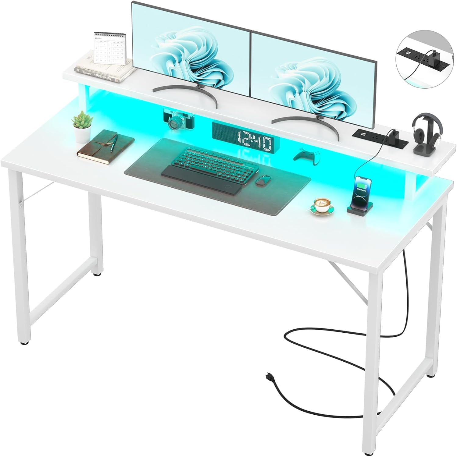 Escritorio para computadora con tomas de corriente USB y luces LED, escritorio de juegos de 55 pulgadas con soporte para monitor para espacio