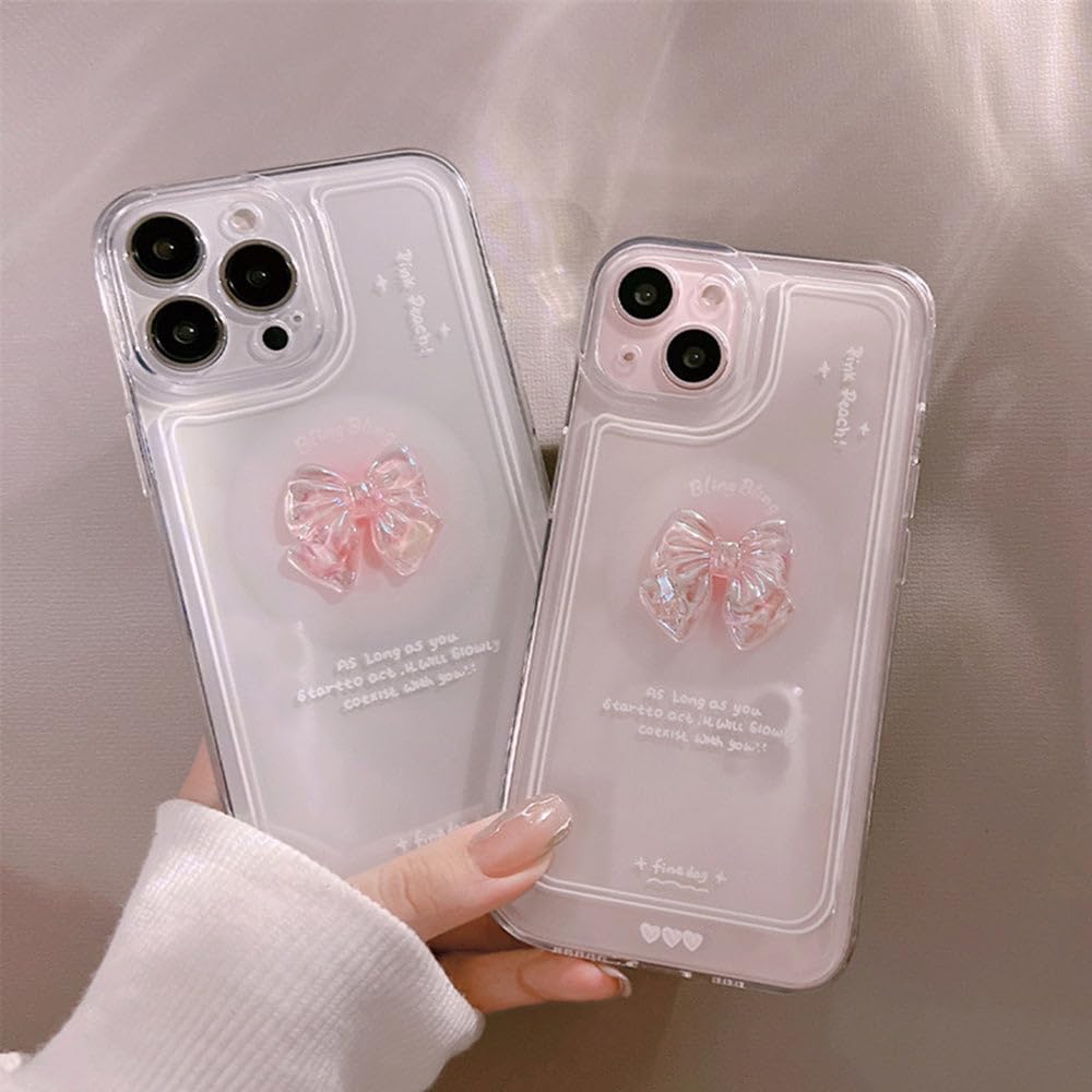 Casechics Funda compatible con iPhone, bonita funda de cristal 3D con lazo y purpurina brillante para el lente de la cámara, transparente, suave, a