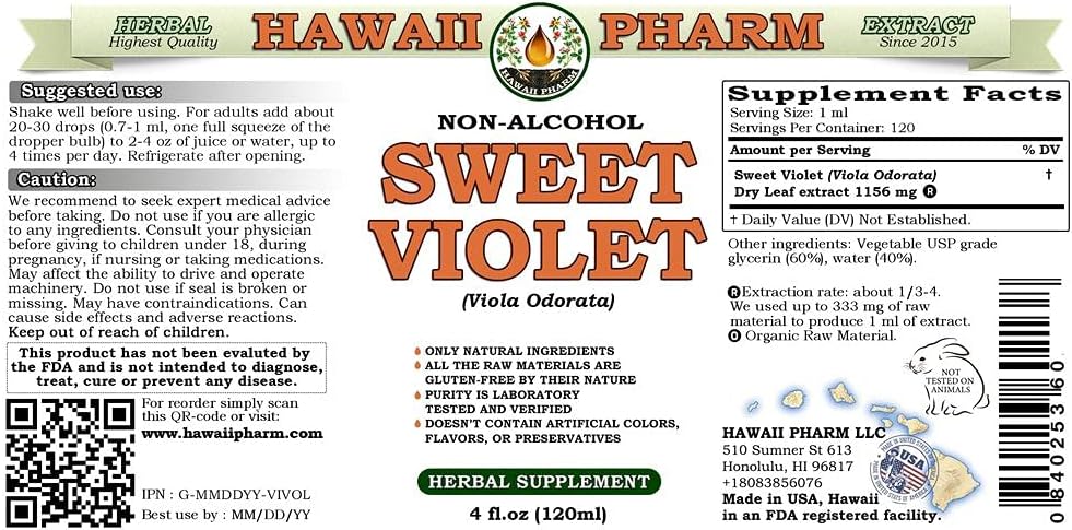 HawaiiPharm Extracto líquido sin alcohol de violeta dulce, violeta dulce (Viola Odorata), suplemento herbario natural de glicerita de hojas secas,