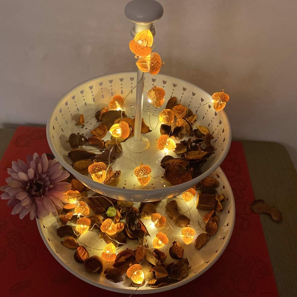 JASHIKA Guirnalda de luces 3D Twinkle Bellota para decoración de otoño, alambre de cobre de 10 pies, 30 luces LED alimentadas por pilas con