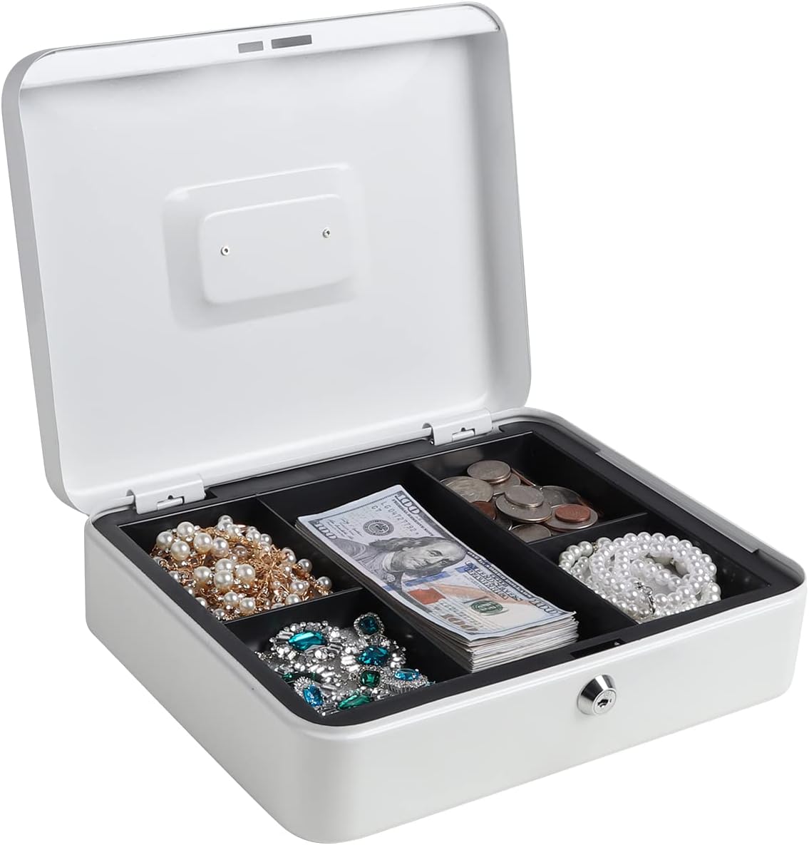 Kasten Caja de dinero de metal con bandeja de dinero y cerradura de llave, caja de dinero para ahorrar en efectivo, 11.8 x 9.5 x 3.5 pulgadas,