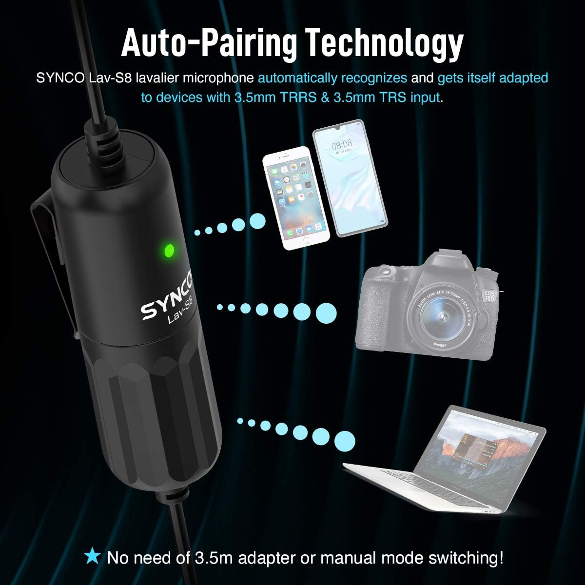 SYNCO Micrófono Lavalier para DSLR, Lav S8 Micrófono de solapa para iPhone Cámara PC Android Reducción de ruido Auto-Emparejamiento Omnidireccional