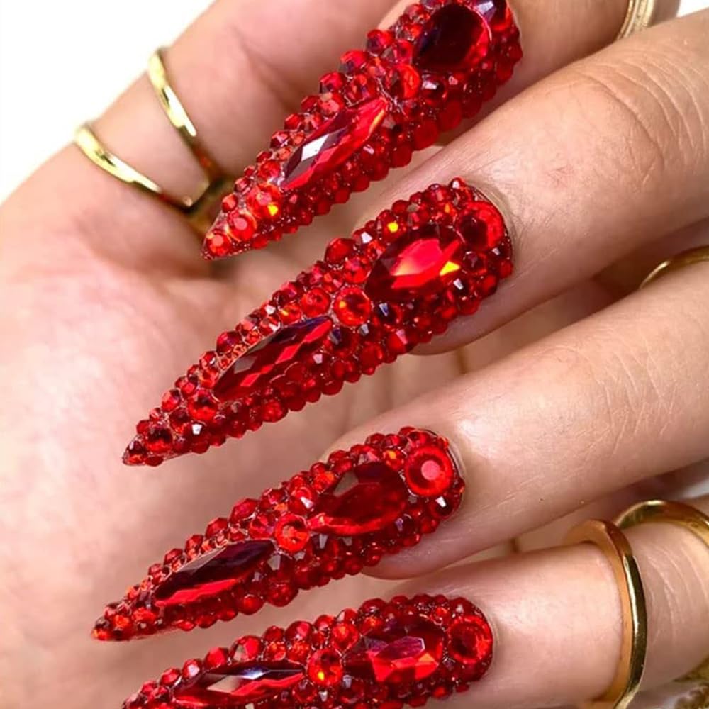 Juego de diamantes de imitación rojos para uñas, 60 piedras preciosas de diamantes de imitación rojos con parte trasera plana de cristal multiforma