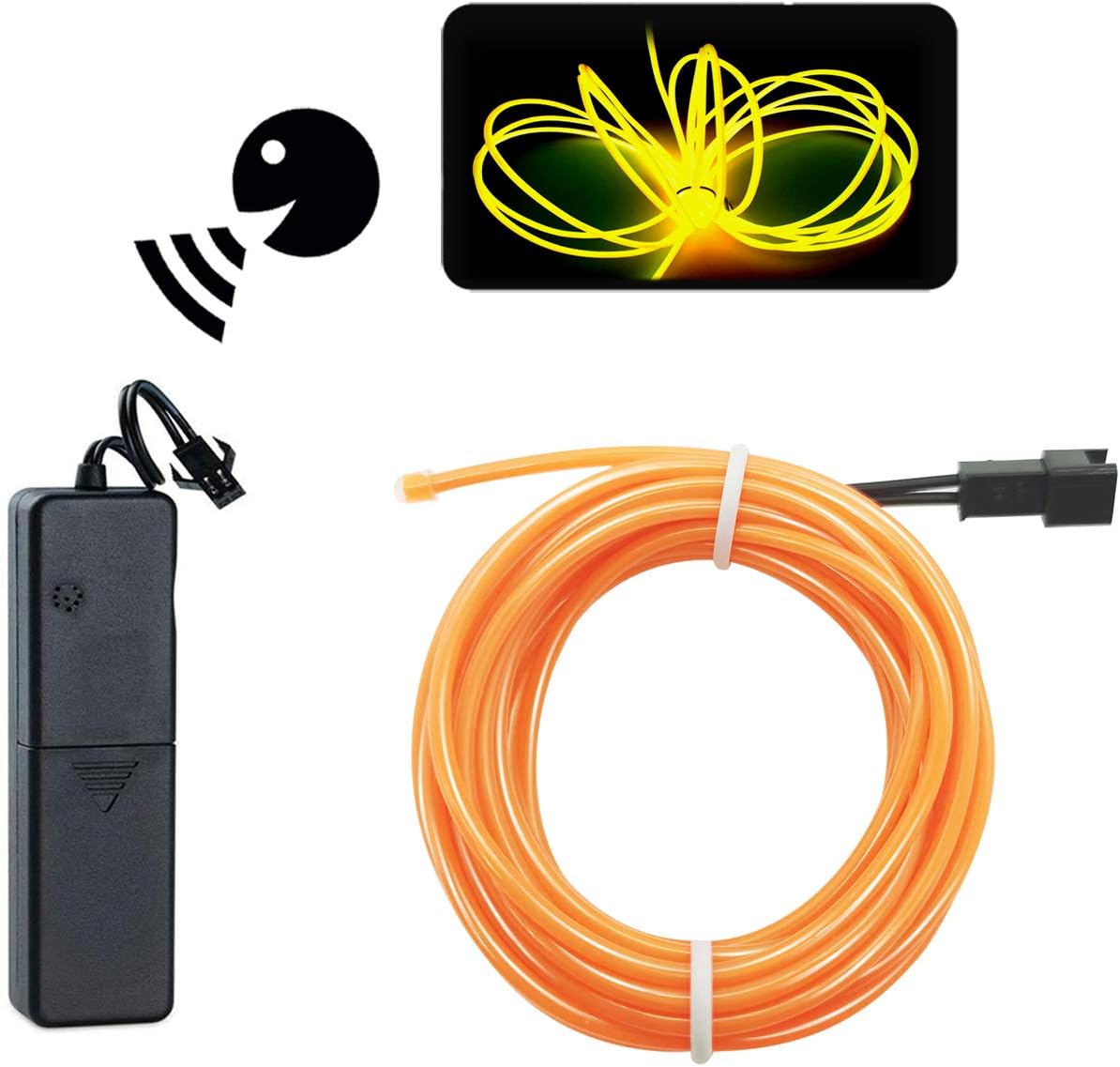 MaxLax Cable EL, color amarillo, luz activada por sonido, luz constante, flash lento, 9 pies, luces de neón, alambre electroluminiscente brillante
