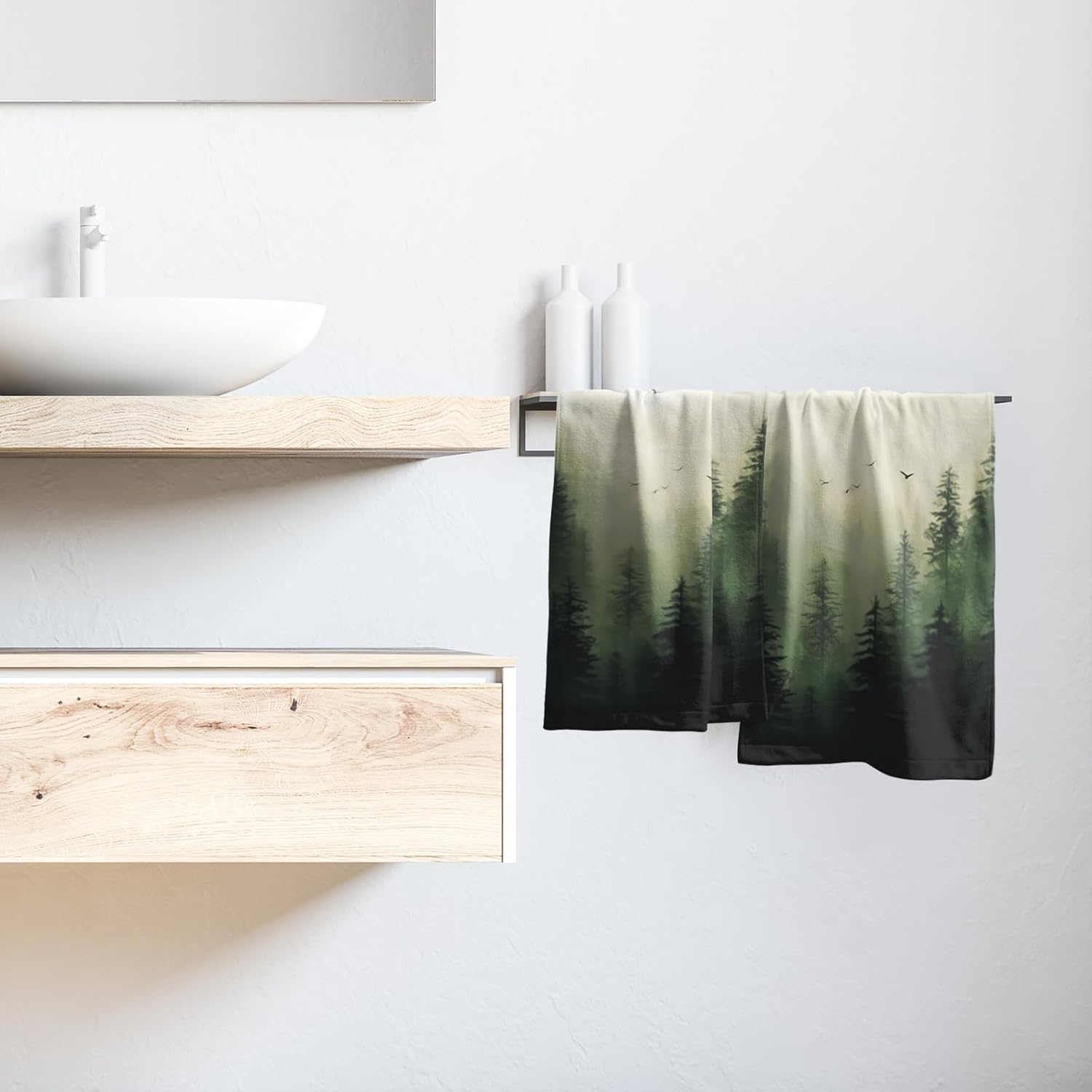 Green Misty Forest – Juego de 2 toallas de mano suaves para cara de invitados, decoración de baño, toallas finas para cocina y platos de té