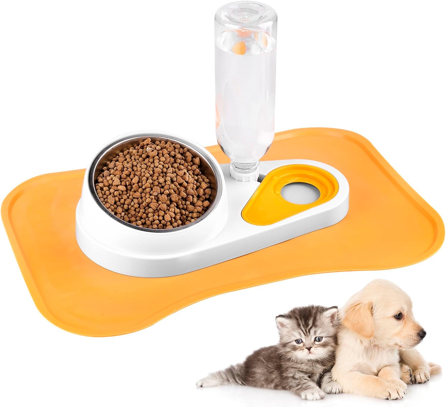 Juego de alimentador de alimentos y dispensador de agua para mascotas, cuencos elevados 2 en 1 con tapete impermeable para alimentación, dispensador
