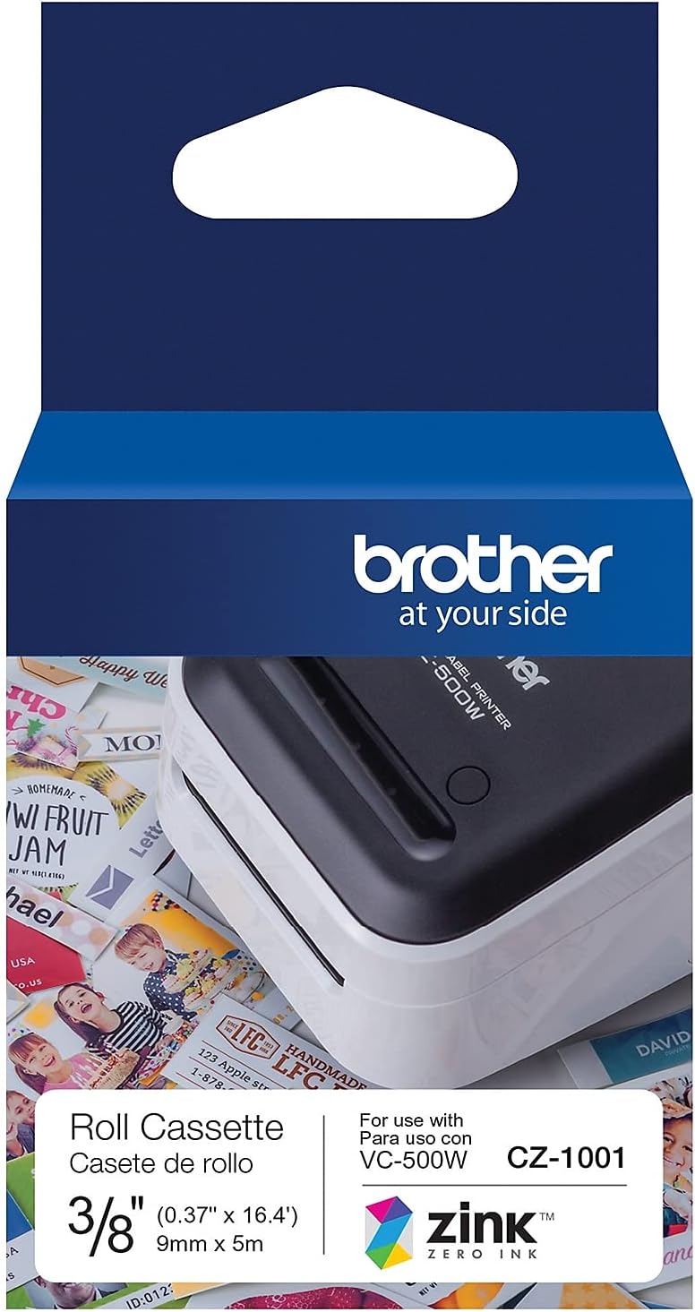 Brother Rollo de etiquetas original CZ-1001 de 38 pulgadas (0.37 pulgadas) de ancho x 16.4 pies de largo con tecnología Zink Zero Ink
