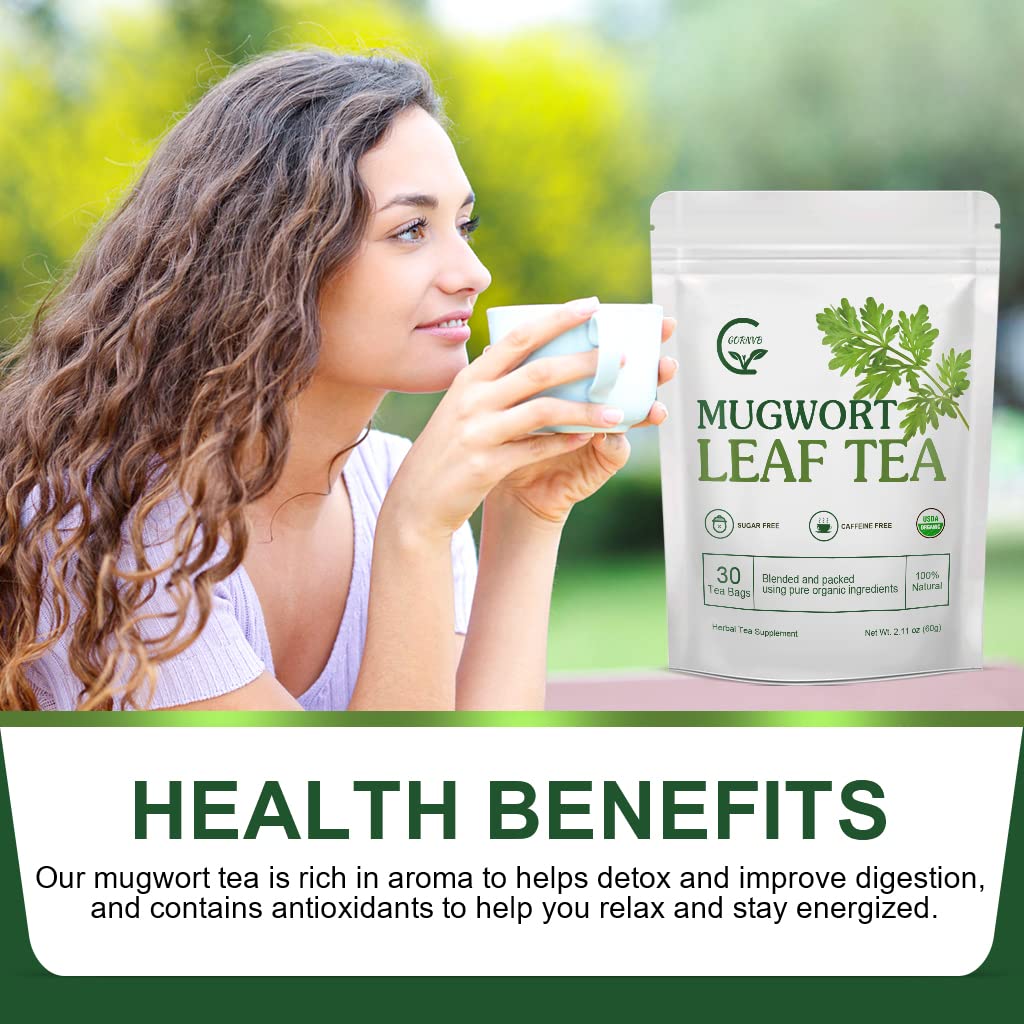 Bolsas de té de artemisa orgánica, hojas secas de hierba de artemisia vulgar, té de hierbas puras y naturales, sin cafeína, 30 bolsas de té