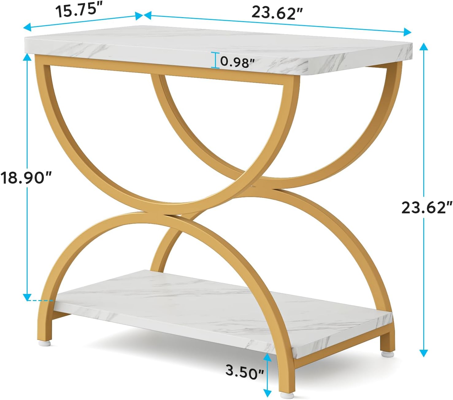 Tribesigns Mesa auxiliar de 2 niveles con elegante marco de metal, mesita de noche rectangular vintage para dormitorio, sillas de madera y metal,