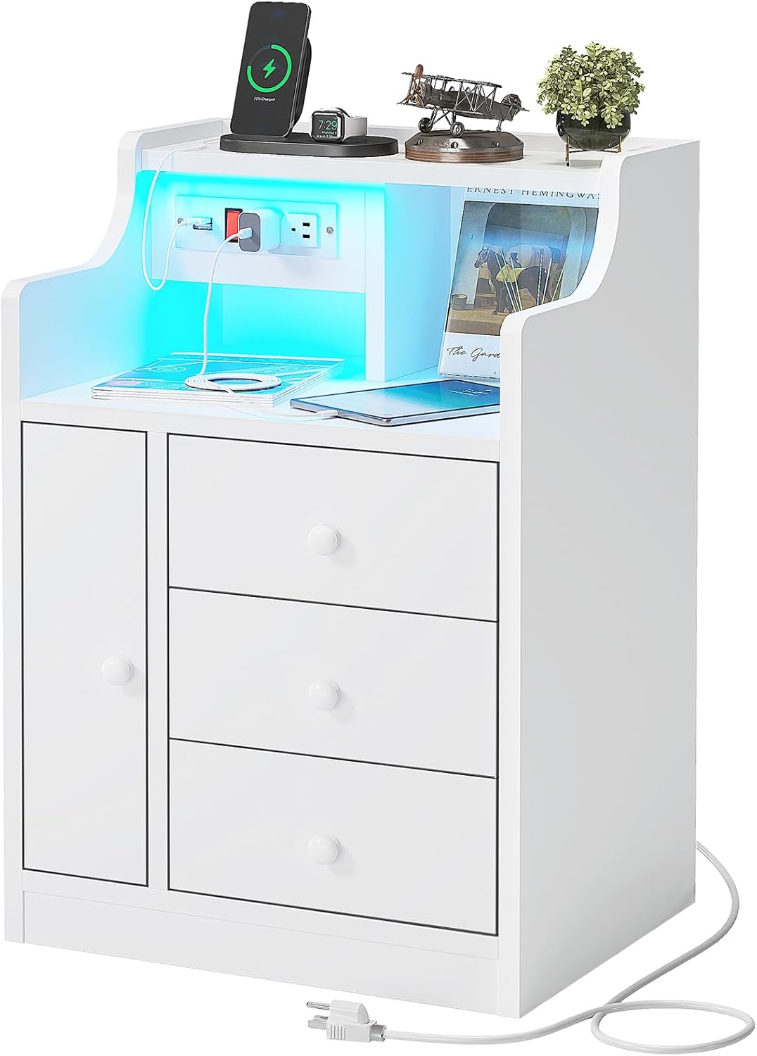 ADORNEVE Juego de 2 mesitas de noche blancas, mesita de noche LED con estación de carga, mesita de noche con cajones, mesa auxiliar moderna de