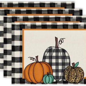 Juego de 4 manteles individuales de otoño de calabaza a cuadros negros de 12 x 18 pulgadas, decoración de hojas de arce para otoño, Acción de Juego de 4 manteles individuales de otoño de calabaza a cuadros negros de 12 x 18 pulgadas, decoración de hojas de arce para otoño, Acción de