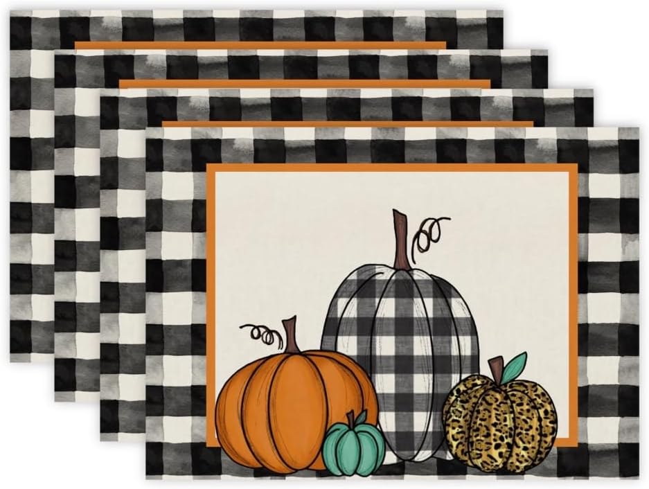 Juego de 4 manteles individuales de otoño de calabaza a cuadros negros de 12 x 18 pulgadas, decoración de hojas de arce para otoño, Acción de