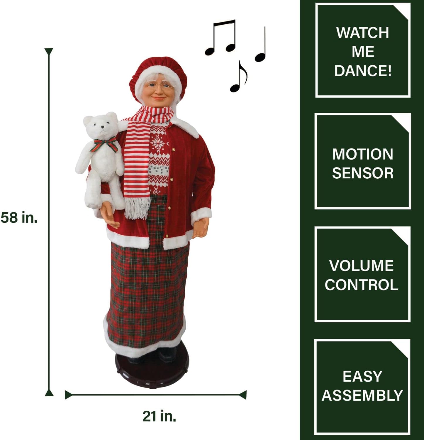 Fraser Hill Farm Decoración de Sra. Claus bailarina de 58 pulgadas con oso de peluche, decoración animada para interiores para el hogar,