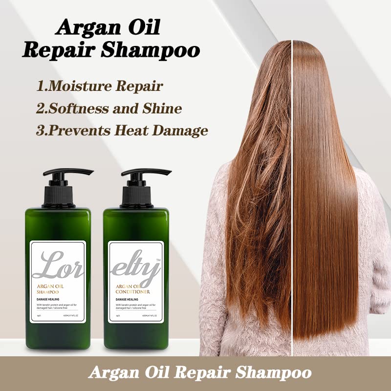 LORELTY Juego de champú y acondicionador de aceite de argán para tratamiento de cabello seco dañado para reparación del cabello dañado, para todo
