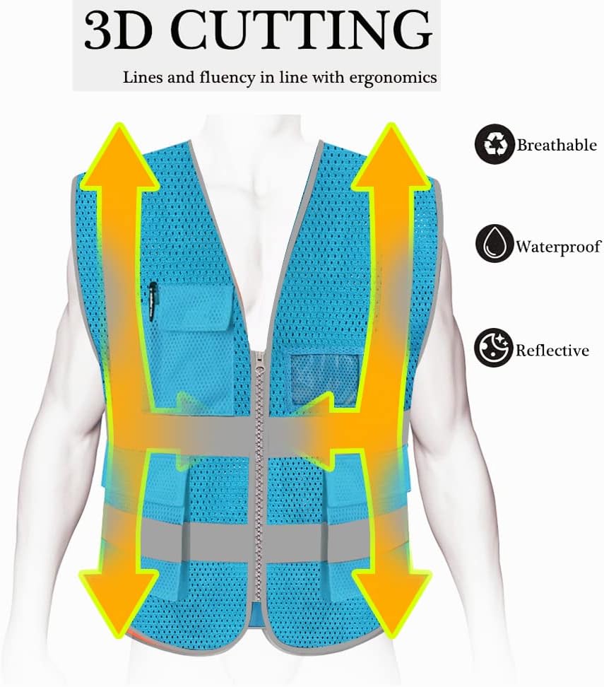 HYCOPROT High Visibility Mesh Safety Reflective Vest with Pockets and Zipper, Meets ANSIISEA Standards