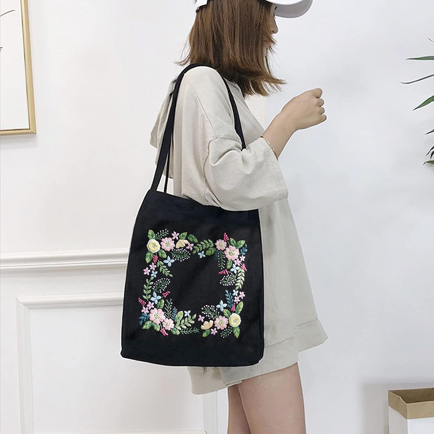 Homiton Paquete de 2 bolsas de lona con patrones para principiantes, bolsa de lona personalizada para punto de cruz, aros de bordado de bambú,
