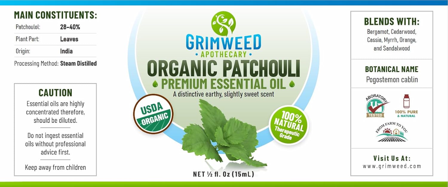 Aceite esencial de pachulí orgánico USDA  Grado terapéutico  Aceite difusor  100% natural  con cuentagotas de vidrio