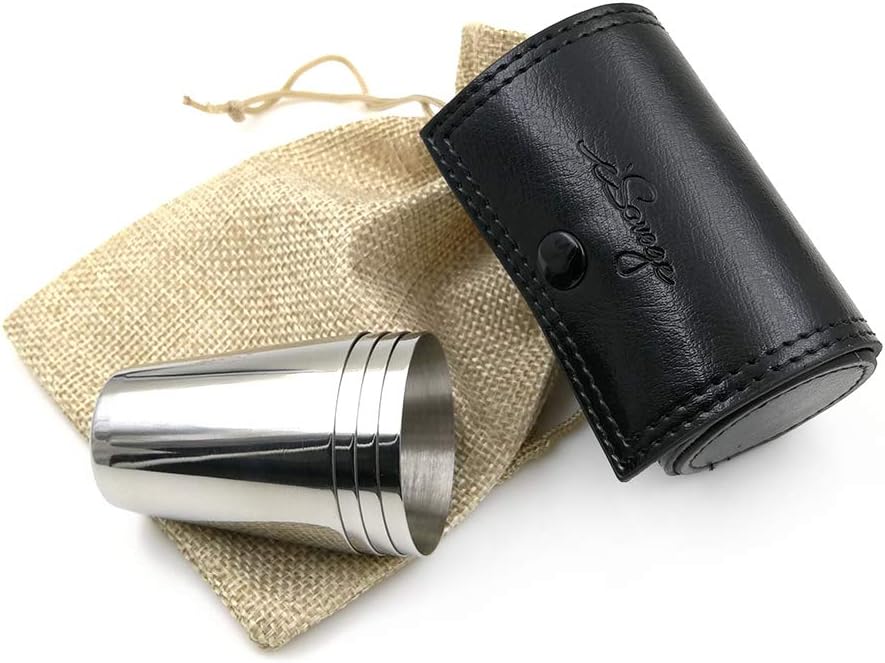 iSavage Vasos de chupito con funda de cuero negro de 1.2 onzas cada juego de 4 vasos de acero inoxidable 188, 1 bolsa reutilizable – YM201