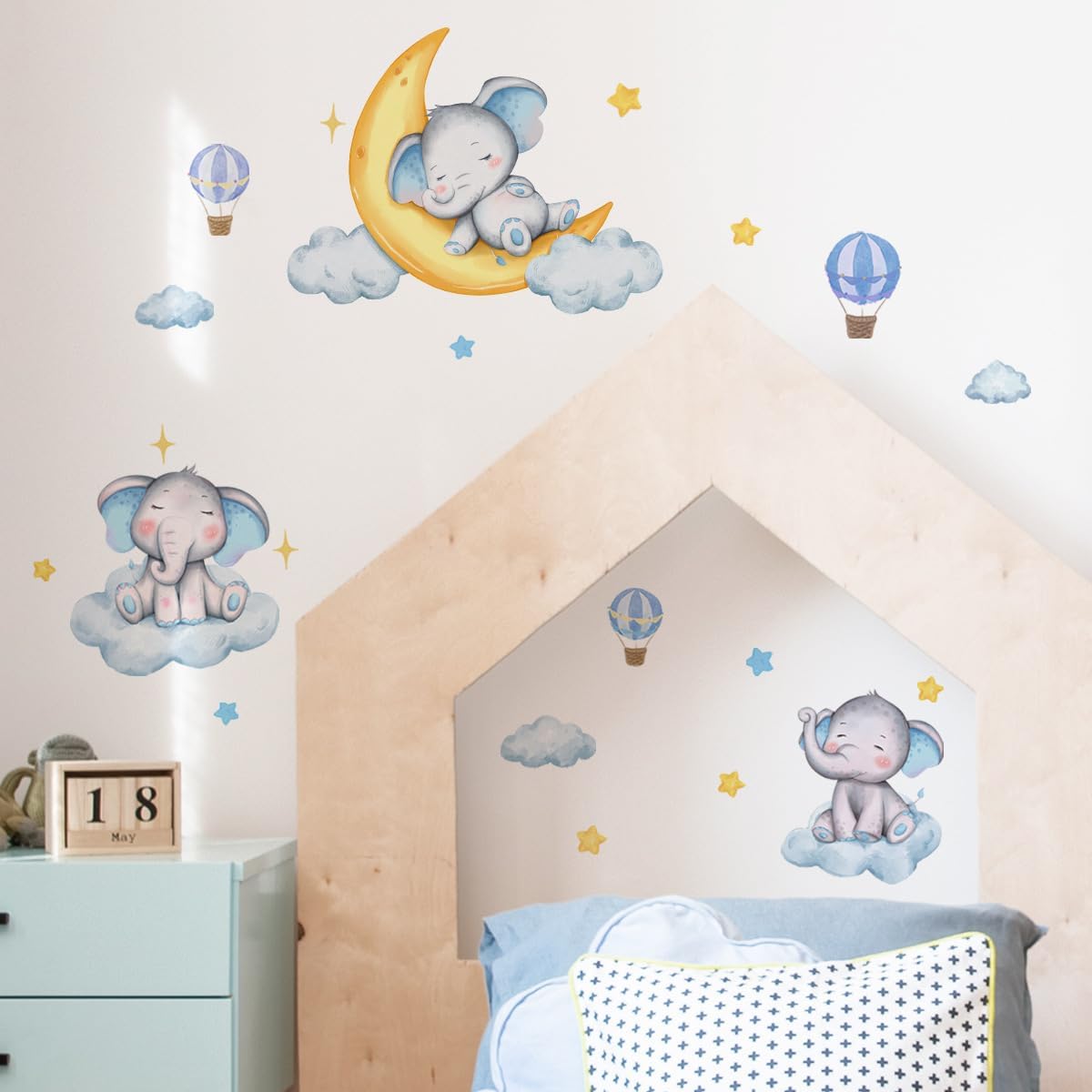 Decoración de pared de elefante de ensueño azul, luna dorada, globo aerostático, estrellas, calcomanías de pared para habitación de bebé, habitación