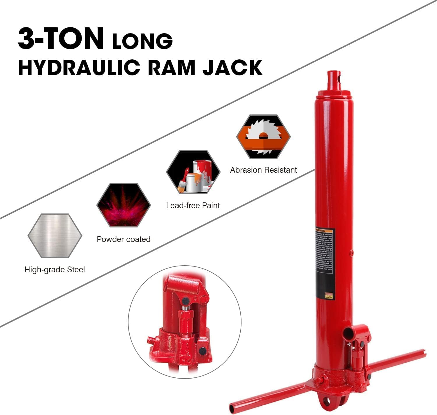BIG RED Gato hidráulico largo Ram con bomba de pistón simple y base de horquilla (Compatible con garajegrúas de taller, polipastos de motor y más),