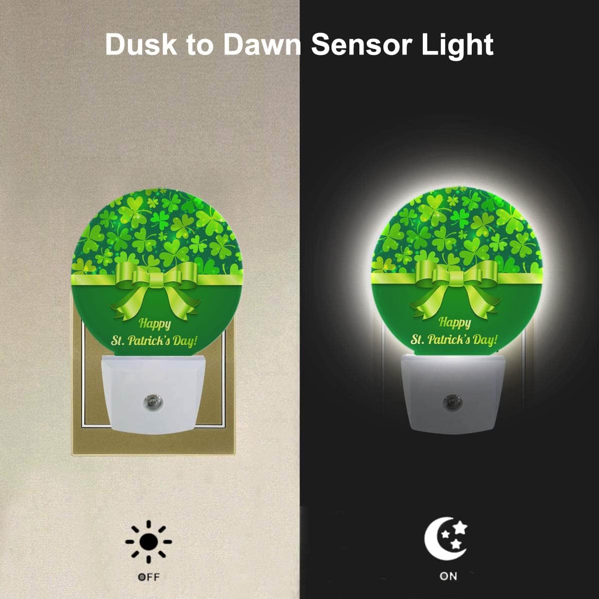 EKOBLA Regalo de San Patricio, luz nocturna de trébol, hojas de trébol verde, pajarita, luces nocturnas de la suerte, enchufe a la pared, sensor de
