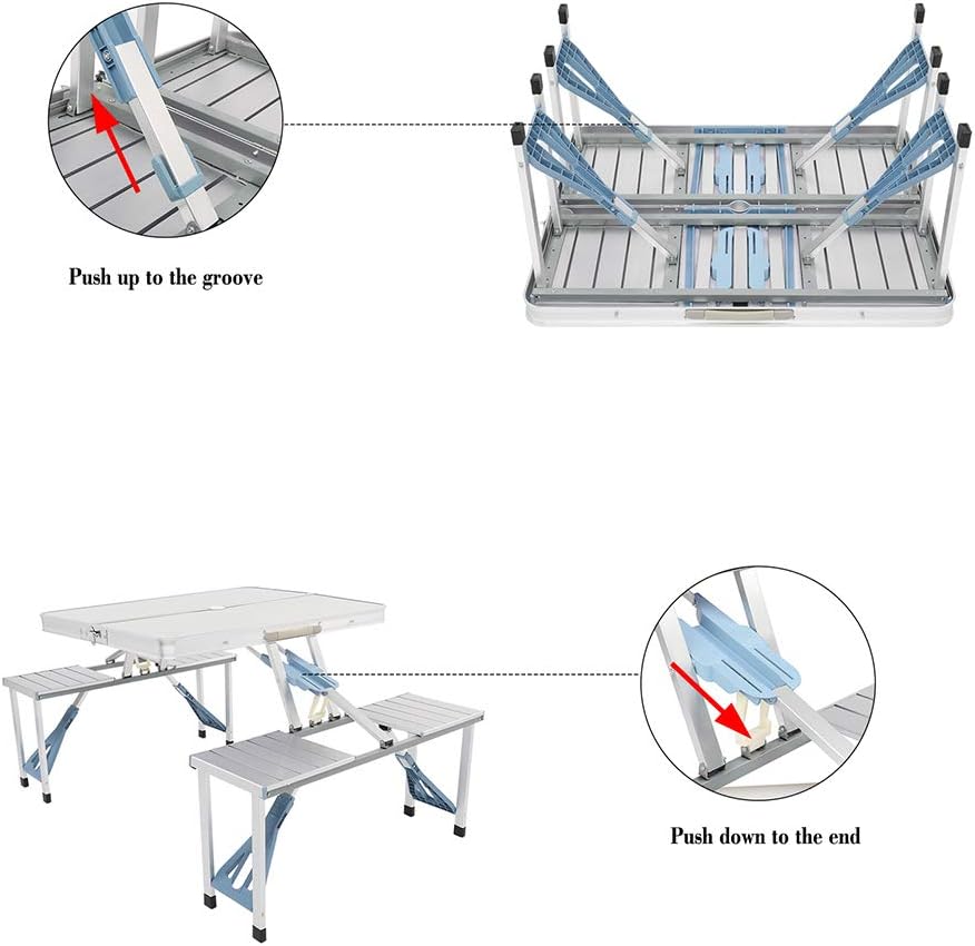 Mesa de picnic plegable portátil con asientos sillas y agujero para paraguas, mesa de aluminio ligera y compacta de aluminio para acampar al aire