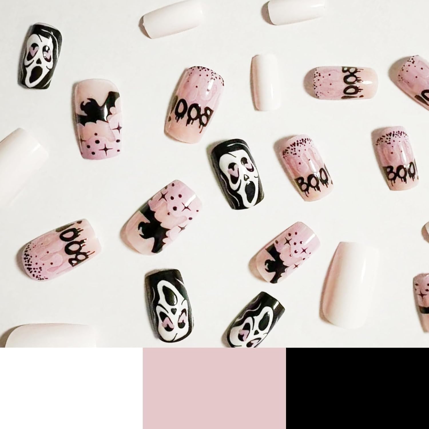 Uñas postizas a presión con diseño de fantasma, cuadradas, cortas, para Halloween, con diseño de cara de fantasma de murciélago negro, uñas