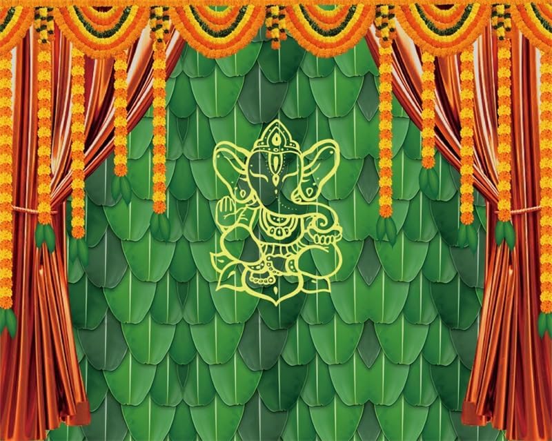 Decoración de fondo indio Pooja para fotografía, 10 x 8 pies, tradicional, indio, festival de Puja Ganpati Mehndi, fondo de fotos de plátano, hojas