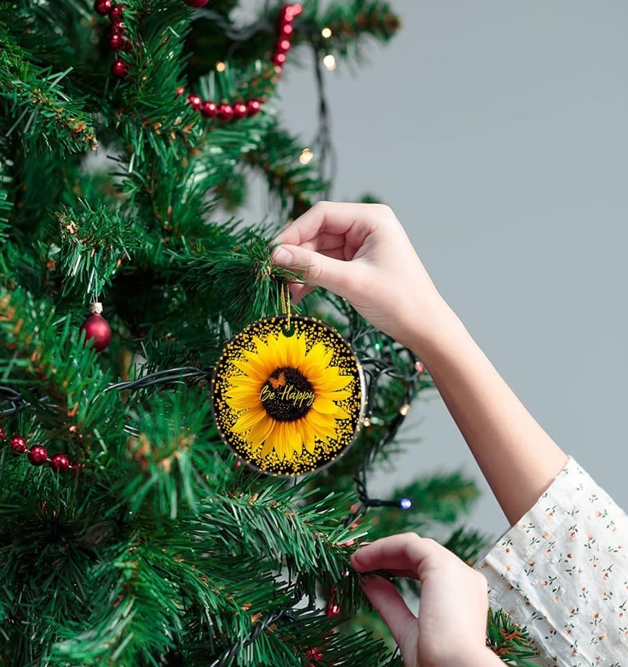 Adornos de Navidad de girasol amarillo y mariposa, adorno redondo de Navidad, decoración de regalo de vacaciones, viajes por el mundo, adornos