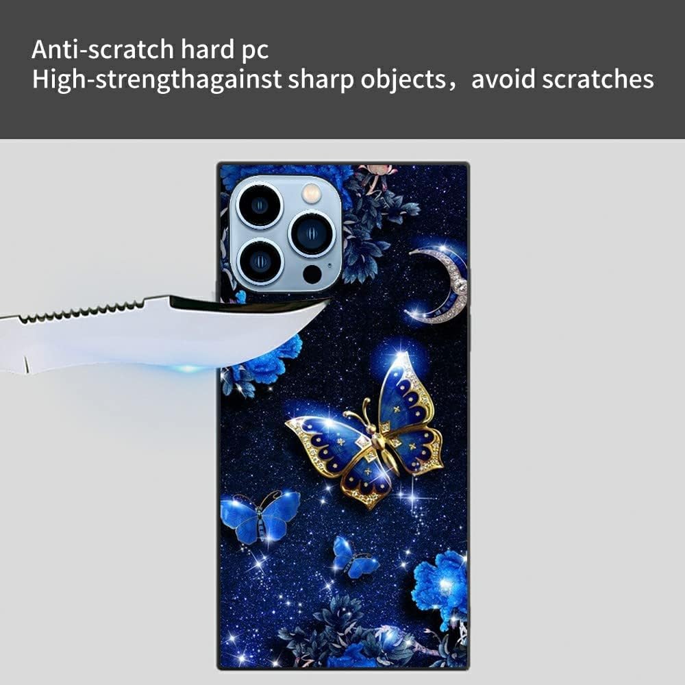 Funda cuadrada compatible con iPhone 13 Pro Max, elegante funda de mariposa azul para iPhone 13 Pro Max para niñas y mujeres, patrón de moda con