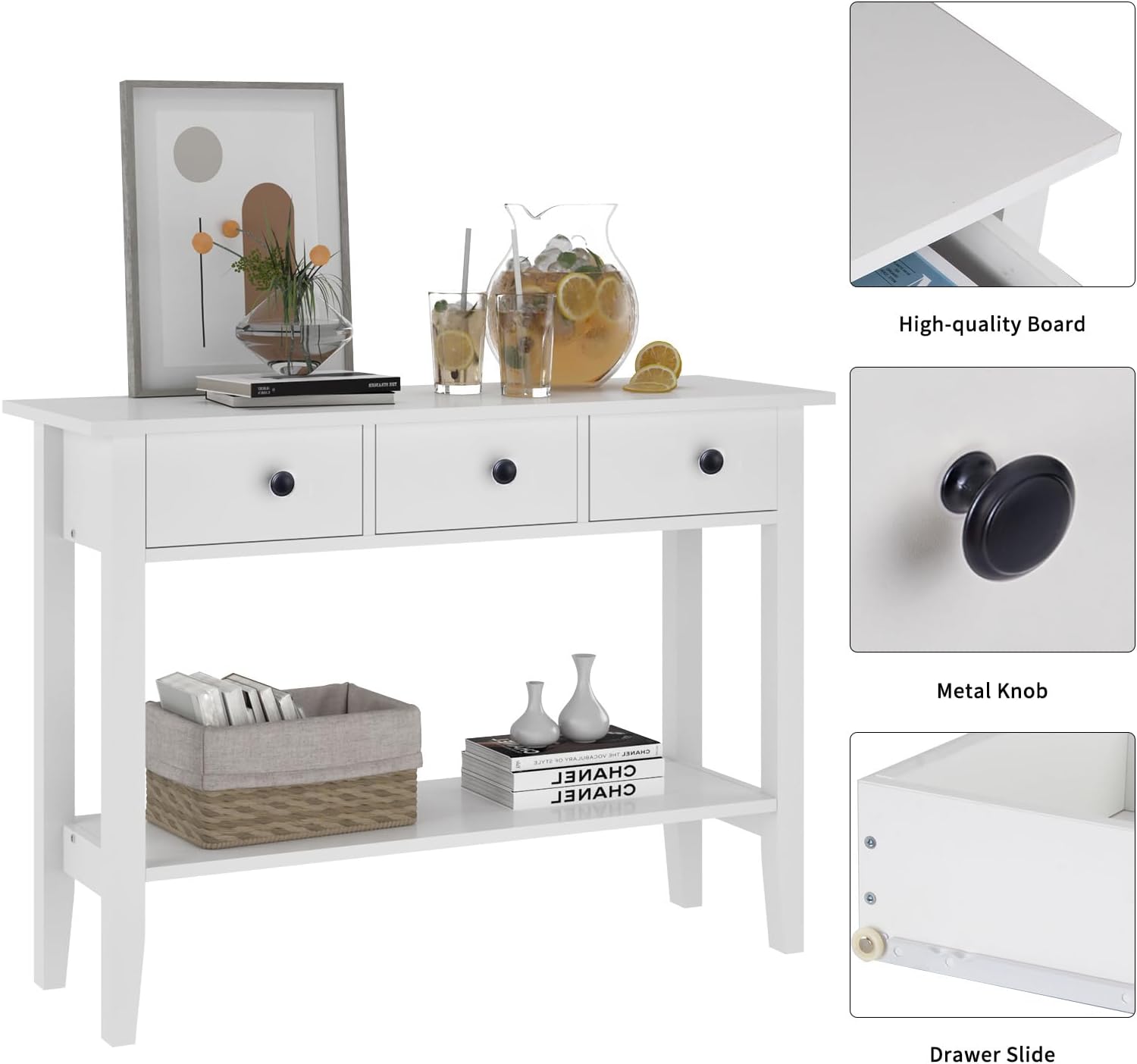 SogesHome Mesa consola de 2 niveles para entrada, mesa blanca para sofá, mesa de entrada con 3 cajones para sala de estar, pasillo, baño (39.37